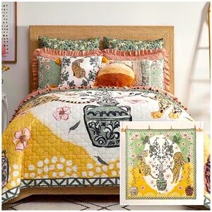 Floral Tiger Print Quilted Bedspread in Yellow and Green